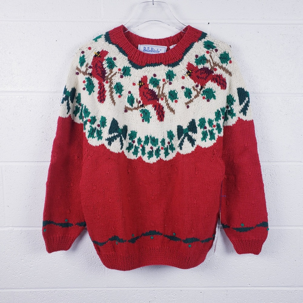 Vintage 90s BellePointe Sweater Red Cardinal Christmas Holiday Chunky Knit‎ XL